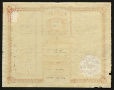 Backside shows various legal language including signatures, dates, and a seal