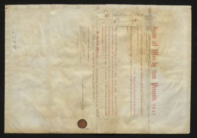 Backside shows various legal language including signatures, dates, and a seal