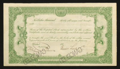 Backside shows green ink with an intricate border, cancel stamps, and legal language including spacing for signatures and dates