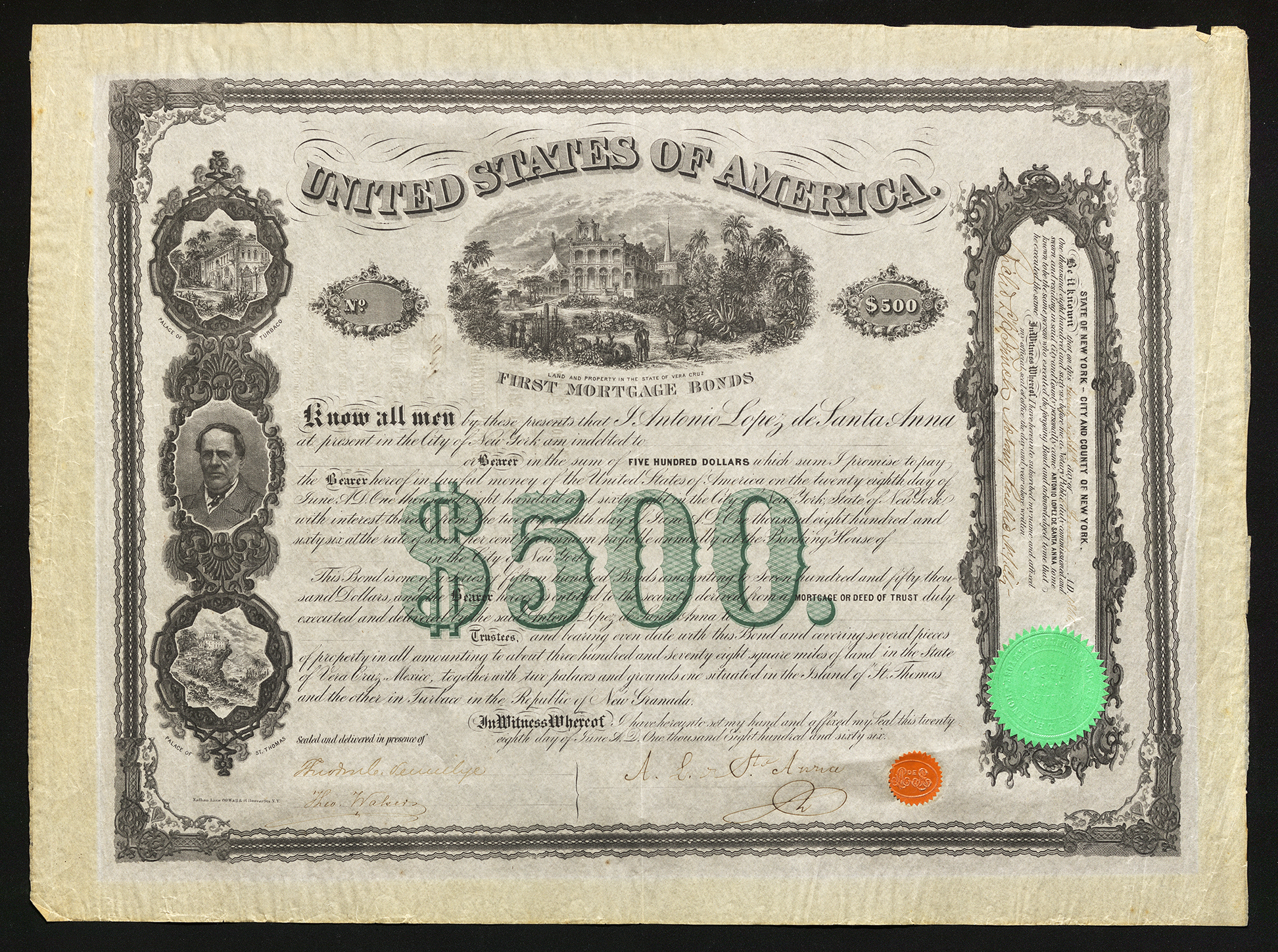 Certificate with black, green, and orange ink shows intricate bordering, lettering, a seal, signatures, and vignettes of a portrait and estates