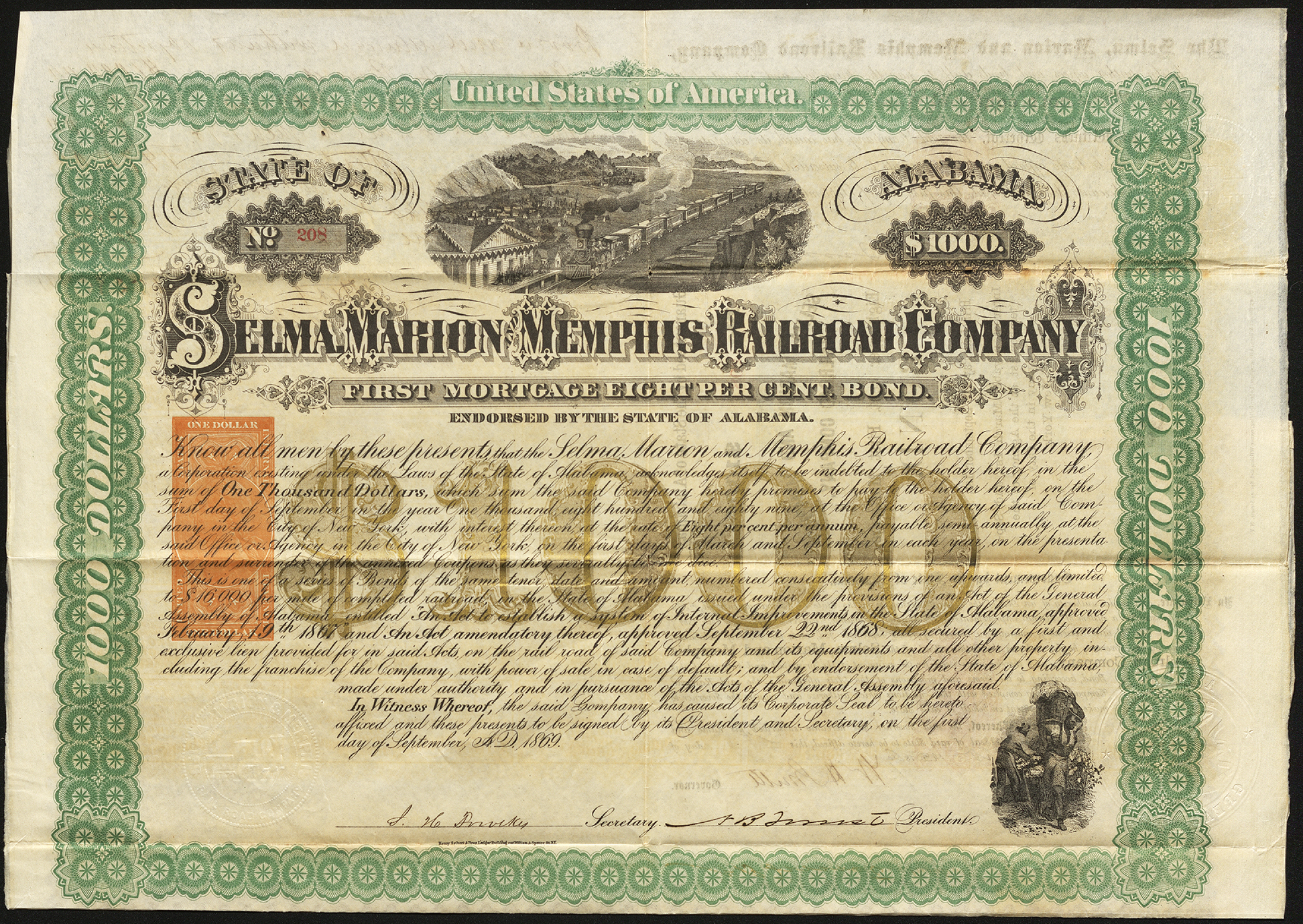 Certificate with black, green, orange and gold ink shows intricate bordering, lettering, a company seal, signatures, and vignettes of a train