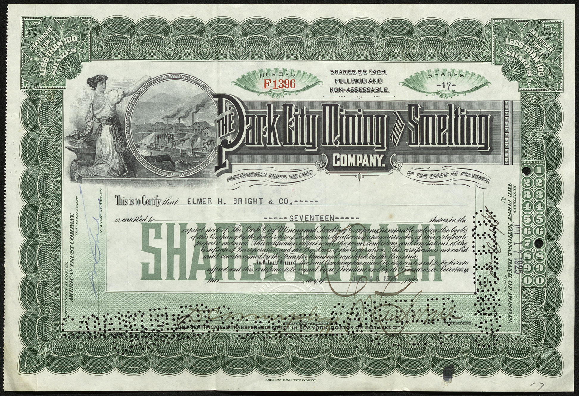 Certificate with black and green ink shows intricate borders, lettering, signatures, cancel stamps, and a vignette of a woman and a city