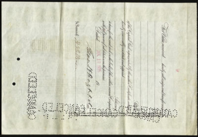 Backside shows various legal language including signatures, dates, and various canceled punched-out stamps