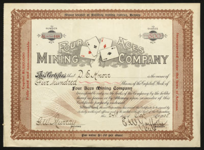 Certificate with black and red ink shows intricate bordering, lettering, signatures, company seal, and vignette of a hand holding a set of aces