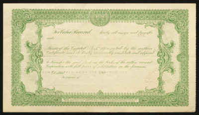 Backside shows legal language including an intricate border with floral vignettes and places for signatures and dates