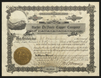 Certificate with black ink shows intricate borders, lettering, signatures, company seal, and a vignette of a mountain range
