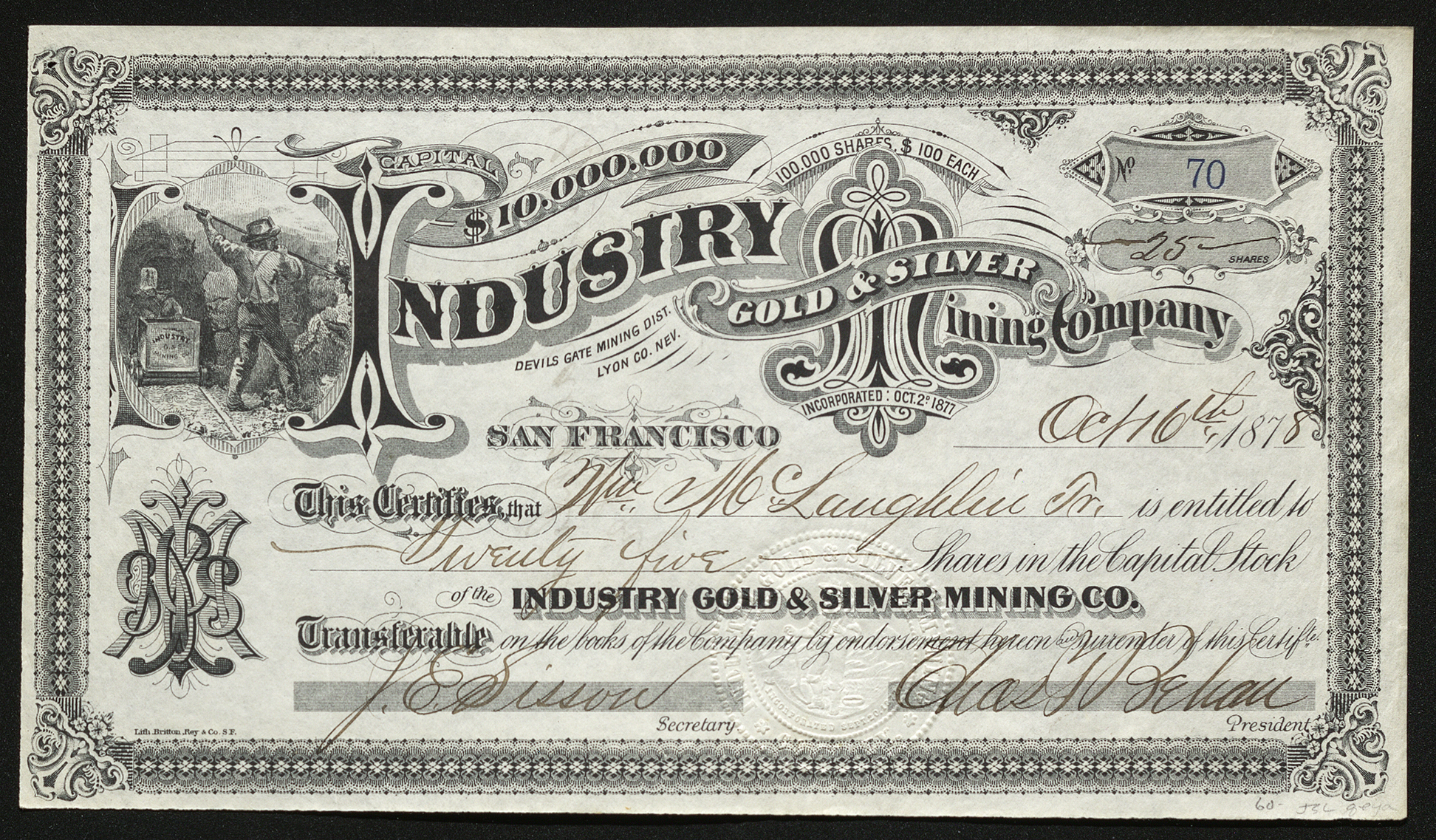 Certificate with black and blue ink shows intricate lettering, signatures, a company seal, and vignettes of a man prodding at a wall