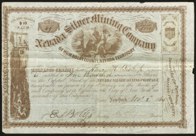 Certificate with brown ink shows intricate borders, lettering, a company seal, signatures, AN IRS stamp, and vignettes of miners and a mine shaft