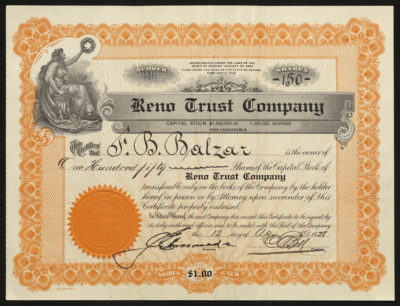 Certificate with black and orange ink shows intricate borders, lettering, a company seal, signatures, and a vignette with a woman with a shield