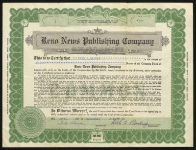 Certificate with black and green ink shows intricate borders, lettering, a company seal, and signatures