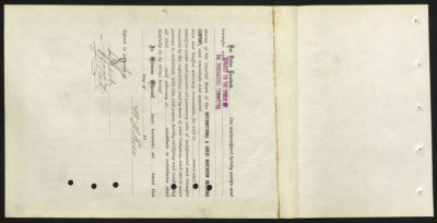 Backside shows legal language with dates, amounts, signatures, and a purple stamp