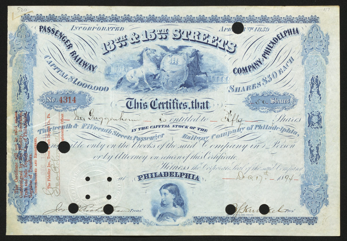 Certificate with blue ink shows intricate borders, lettering, company seal, holes, and signatures and vignettes of a boat, eagle, bridge, and girl