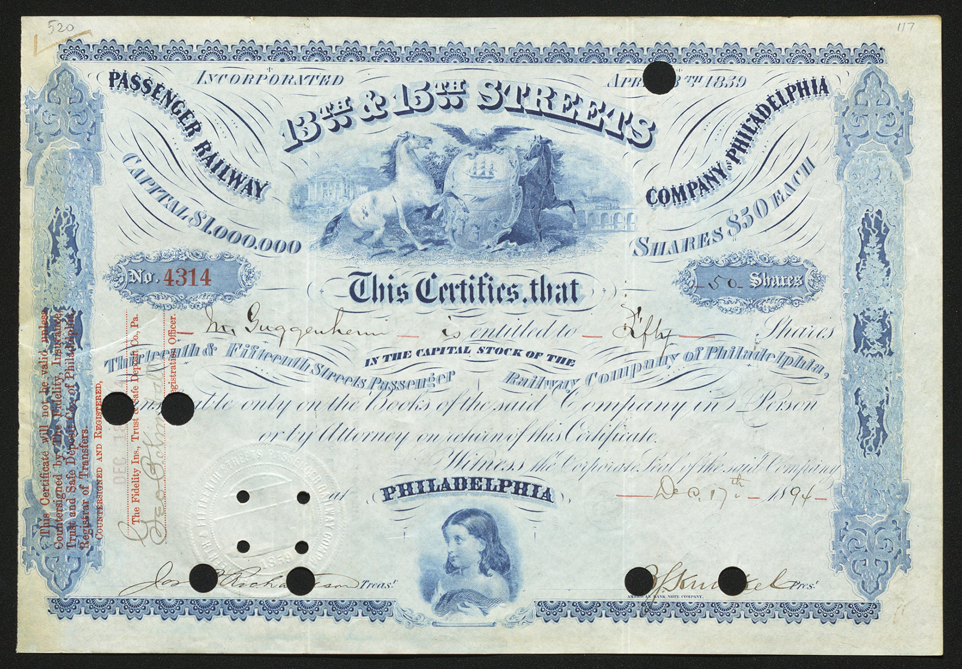 Certificate with blue ink shows intricate borders, lettering, company seal, holes, and signatures and vignettes of a boat, eagle, bridge, and girl