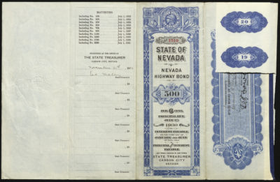 Backside shows legal language with dates, amounts, signatures, blue borders, vignettes of man’s portrait, and coupons