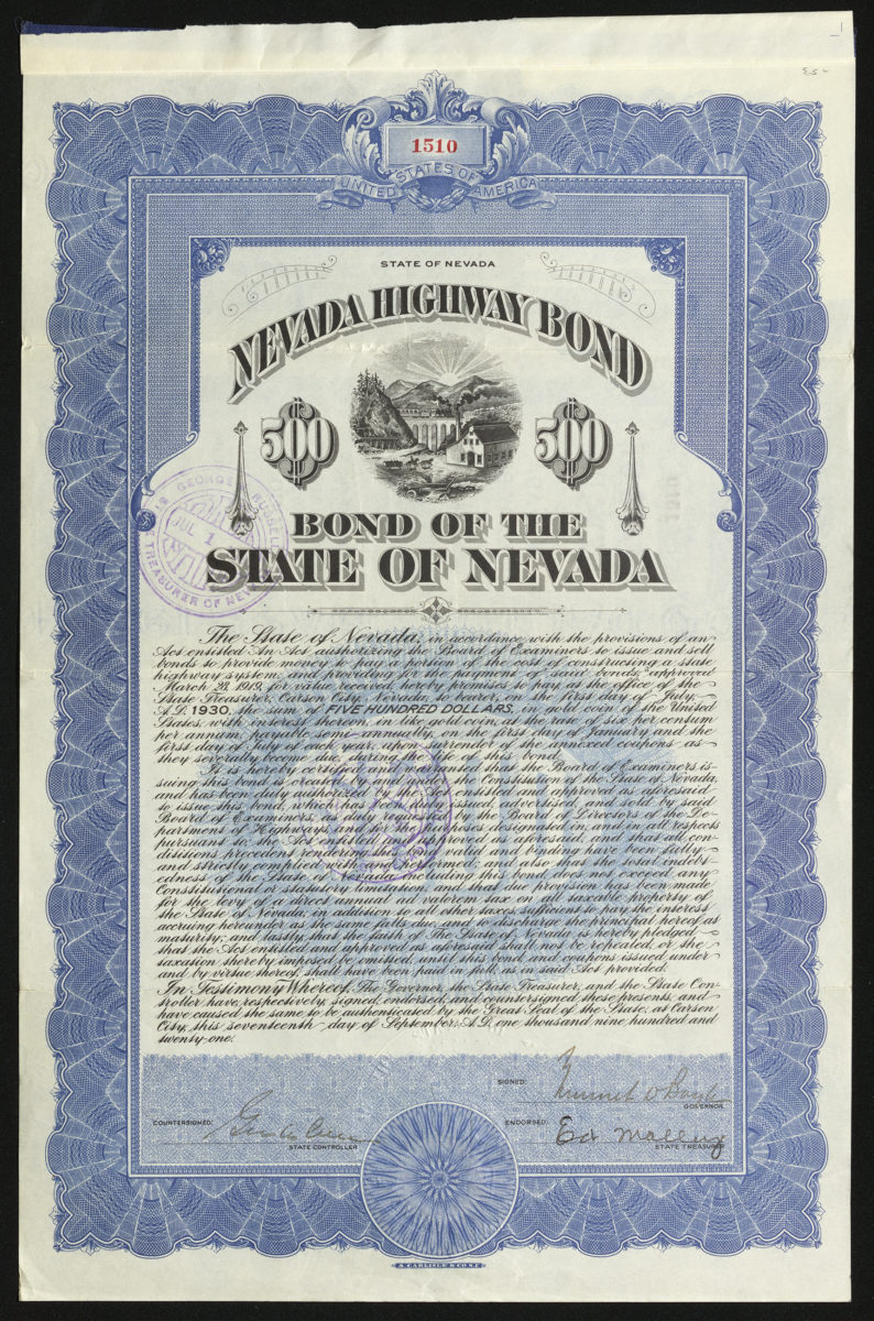 Certificate with blue and black ink shows intricate bordering, lettering, Treasurer’s seal, and vignettes with a train, bridge, building and plow