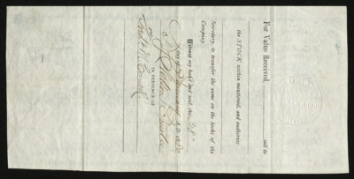 Backside shows legal language with dates, amounts, signatures and the company insignia