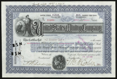 Certificate with blue and black ink shows intricate bordering, lettering, company seal, stamps and vignettes with a Greek god, eagle, and miners