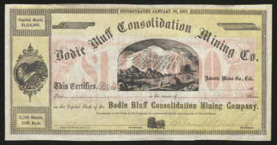 Certificate with black, yellow, and red ink shows intricate borders, lettering, and vignettes with a cornucopia of foods and a small mining village