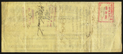 Backside shows legal language and stamps with space for dates, amounts, and signatures