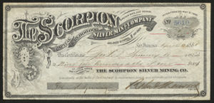 Certificate with black ink shows intricate borders and lettering and a vignette of the Scorpio constellation