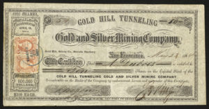 Certificate with black ink shows intricate borders, vignettes with a miner, a red IRS stamp with George Washington, and a company seal