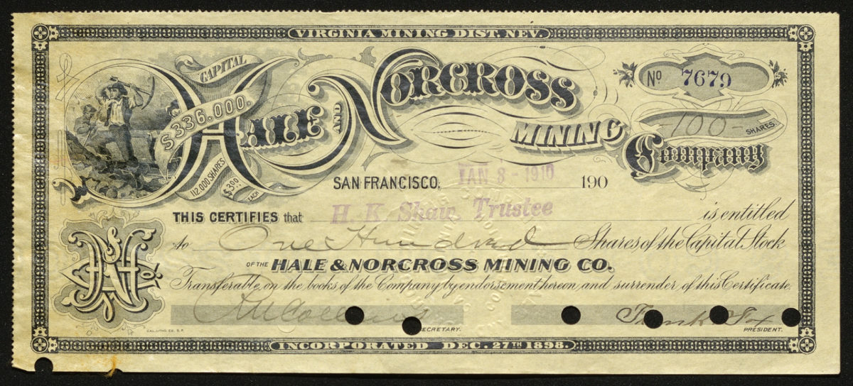 Certificate with black ink shows intricate borders and lettering, vignettes with miners, company insignia, and seven punched out holes