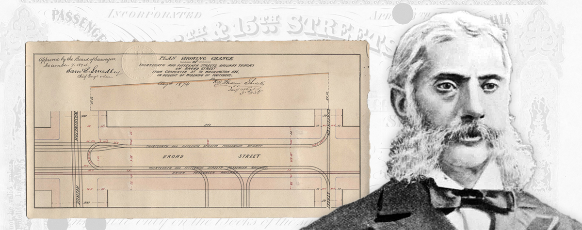 Drawn plans showing railroad changes for the Thirteenth and Fifteenth railroad and a portrait of Meyer Guggenheim