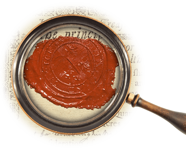 Magnifying glass over red wax stamp with the Virginia Land-Office seal