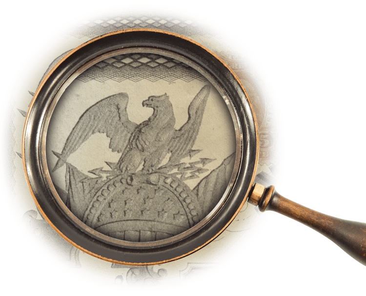 Magnifying glass over symbol of an eagle clutching arrows atop an American shield