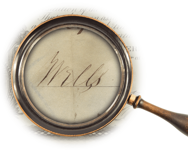 Magnifying glass over signature of Henry Wells