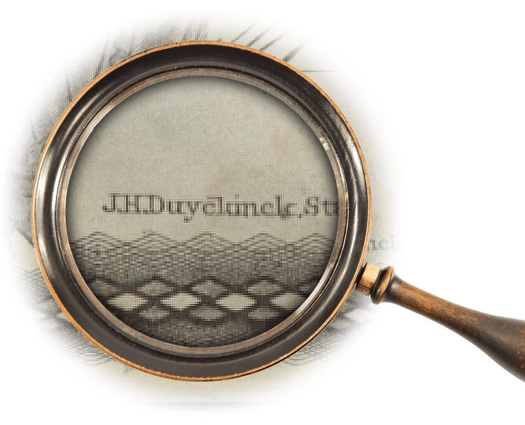 Magnifying glass over the name of the company that printed the certificate, J.H. Duyckinck, Stationer 164 Pearl St. NY