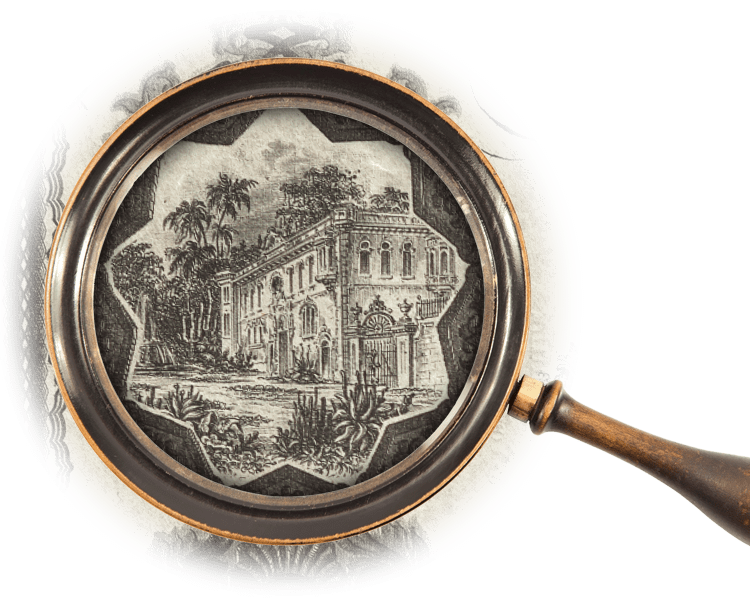 Magnifying glass over illustration of palace surrounded with tropical plants