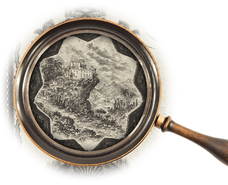 Magnifying glass over illustration of palace surrounded with tropical plants on a cliff
