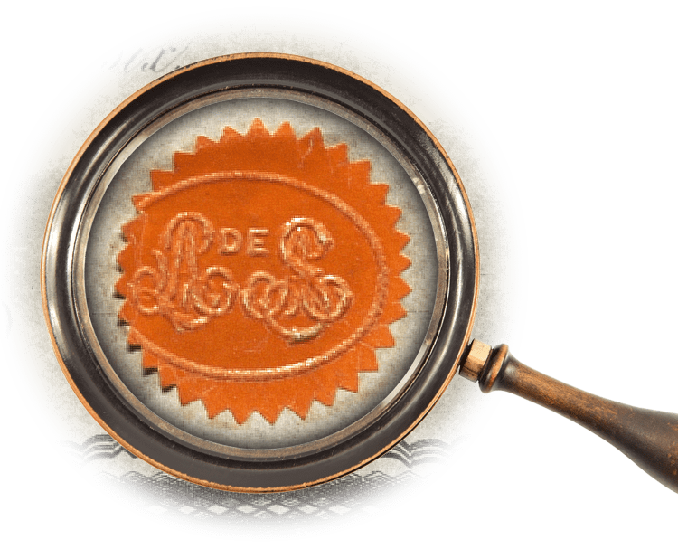 Magnifying glass over embossed orange seal of Santa Anna with cursive initials AL de SA