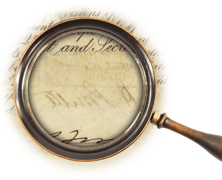Magnifying glass over signature of William Hugh Smith bleeding through paper