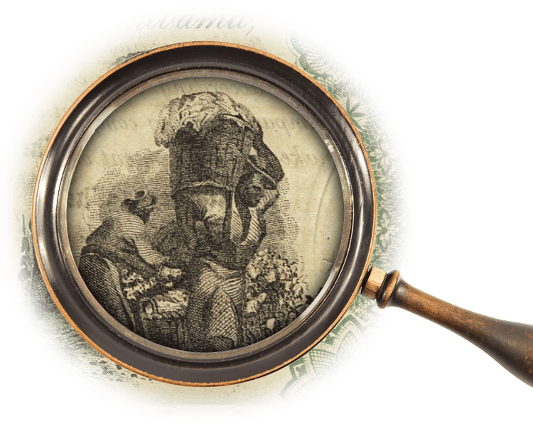 Magnifying glass over illustration of African American field hand picking and carrying bushels of cotton