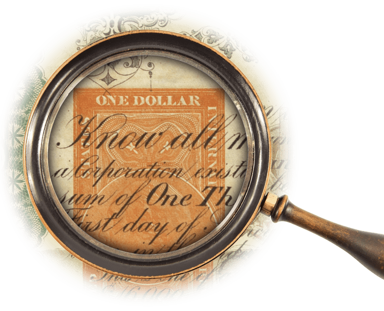 Magnifying glass over $1 revenue stamp