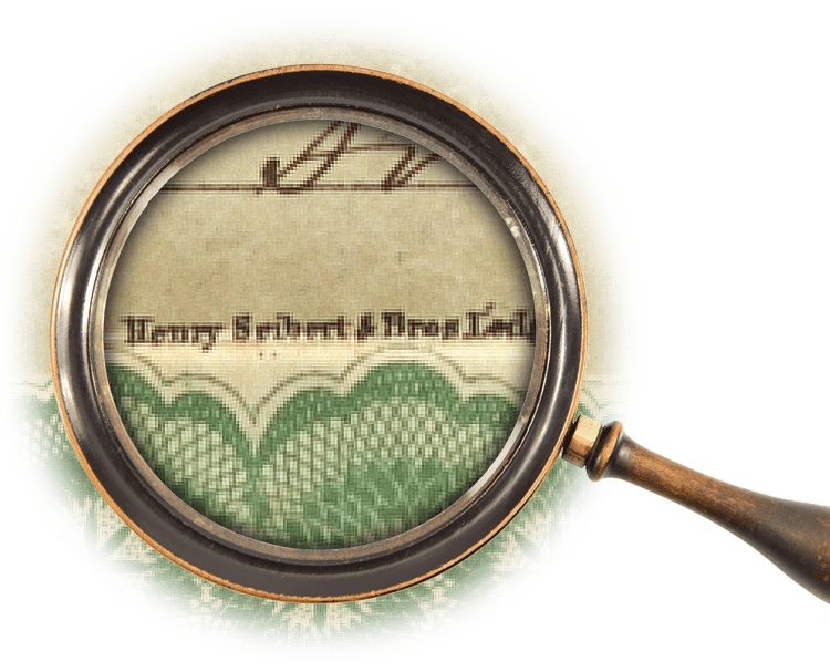 Magnifying glass over the name of the company that printed the certificate, Henry Seibert & Bros, Lithographers