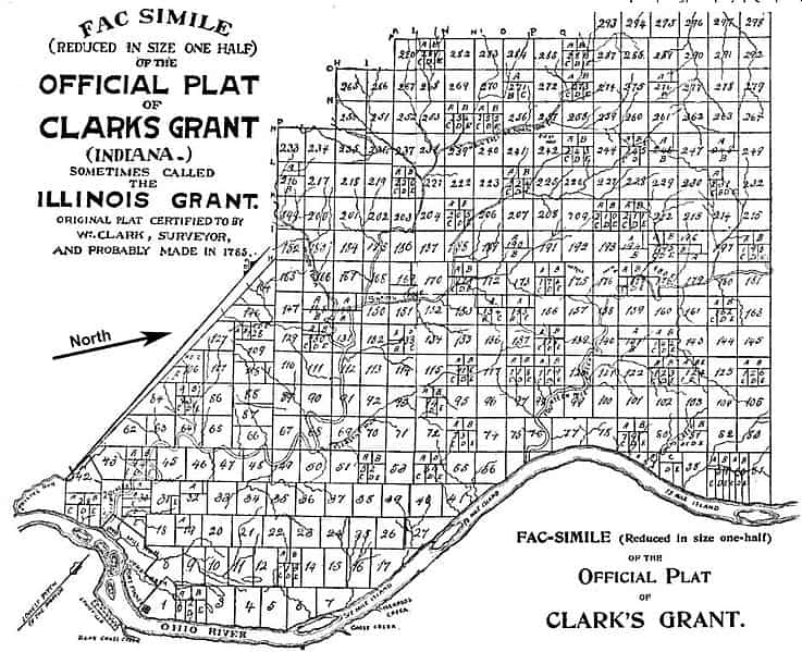 Black and white line-drawing map with a grid of land holdings bordered by the Ohio River to the south.