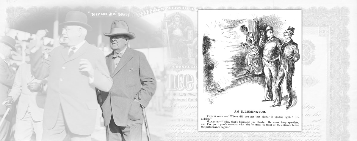 Portrait of Diamond Jim Brady and caricature of people mistaking the sparkle of his diamonds for electric lights