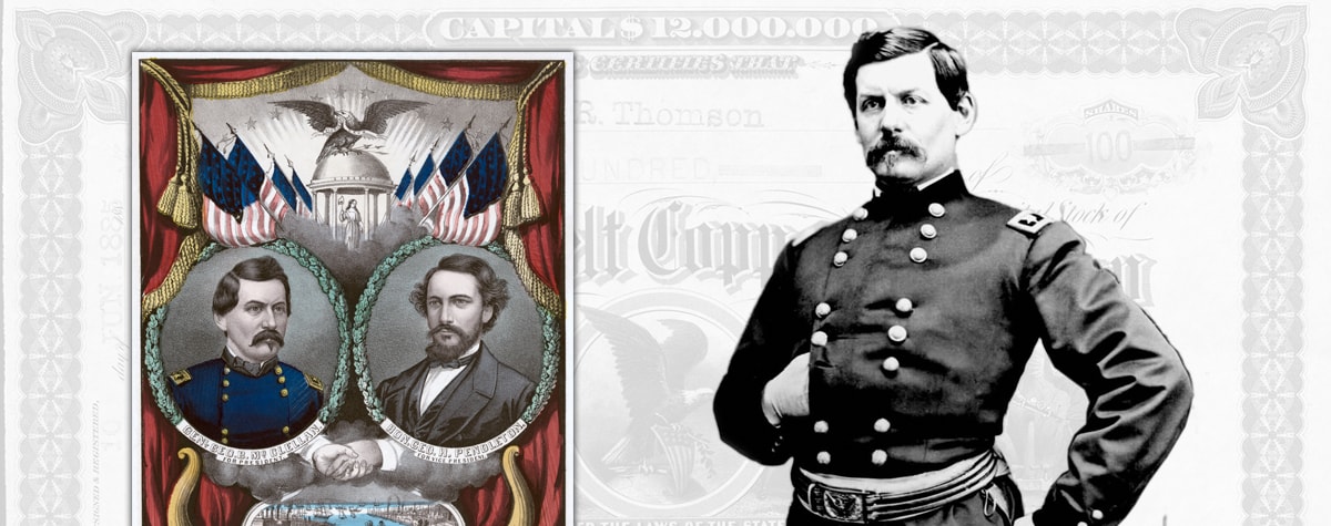 Portrait of George B. McClellan and a presidential election poster of McClellan with running mate Pendelton