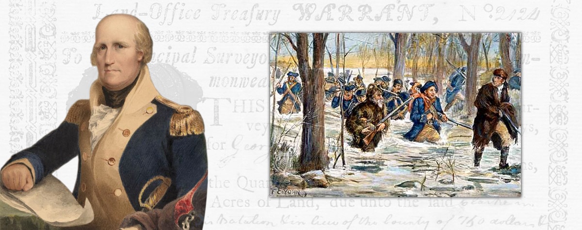 Portrait of George Rogers Clark and a painting of Clark leading soldiers on the march to Vincennes