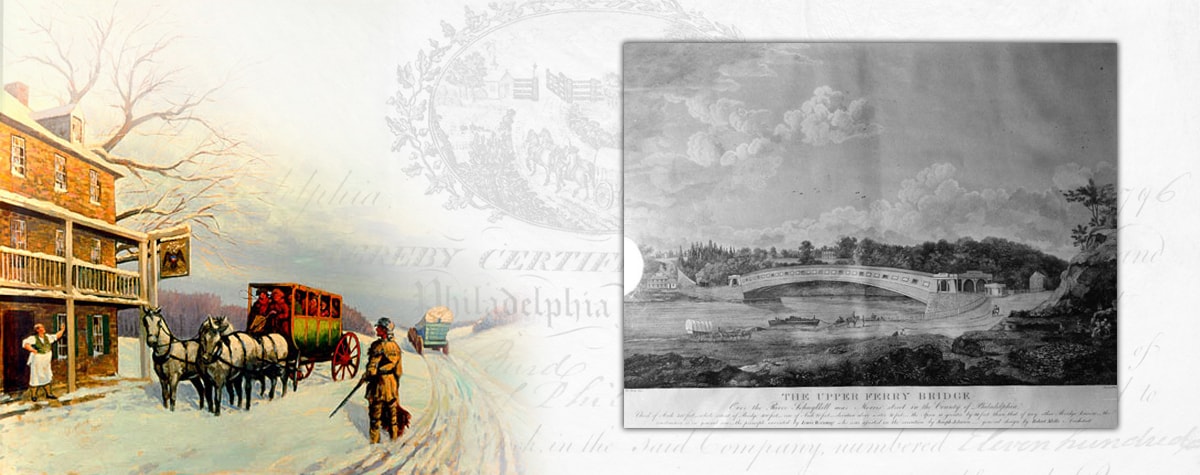 A painting of one of a snowy tavern stop and an illustration of a ferry bridge both along the turnpike