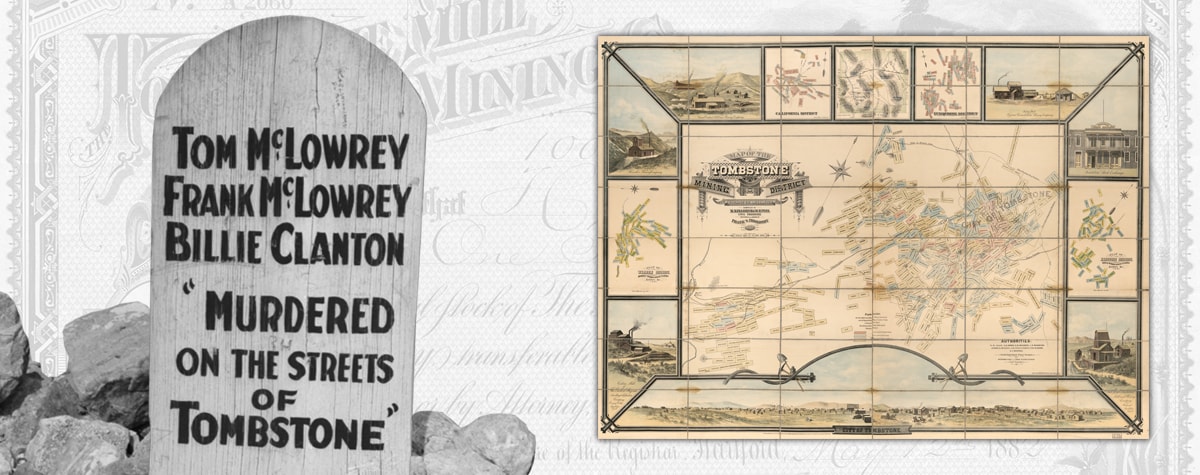 Wooden tombstone of the men killed in the shootout at the OK Corral & map of mining claims in the Tombstone Mining District