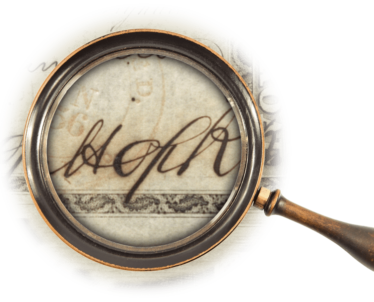 Magnifying glass over signature of Johns Hopkins