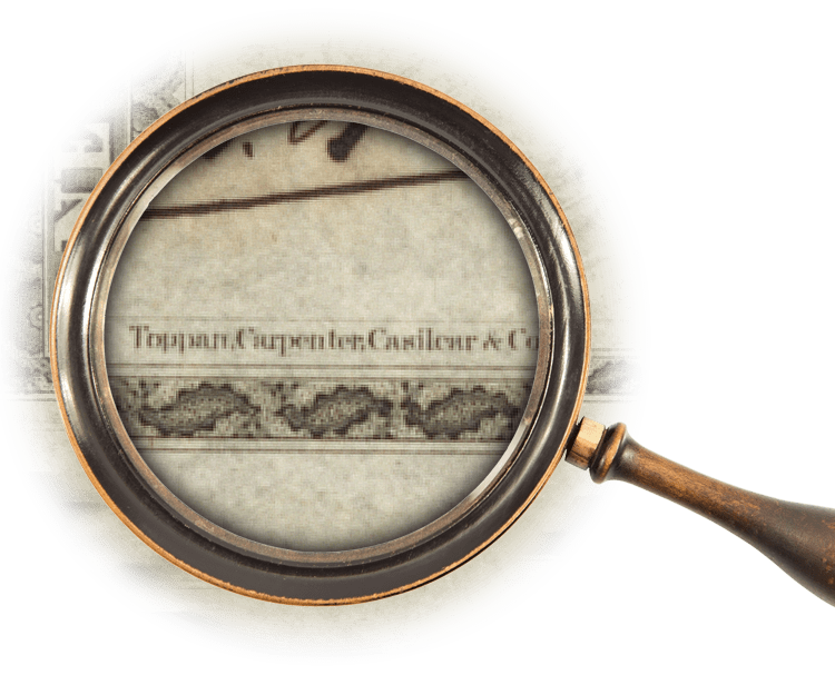 Magnifying glass over the name of the company that printed the certificate, Toppan, Carpenter, Casilear & Co.