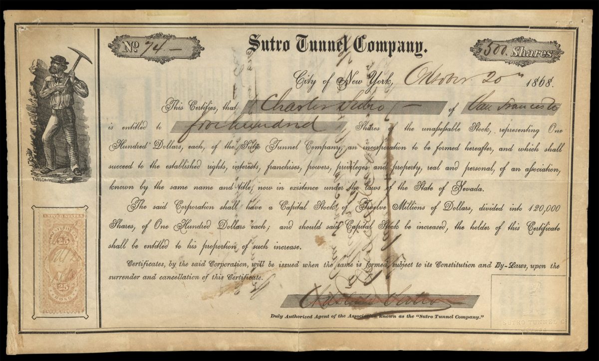 Certificate with black ink shows lettering, seals, signatures, and vignettes of a male miner and a tax stamp George Washington.