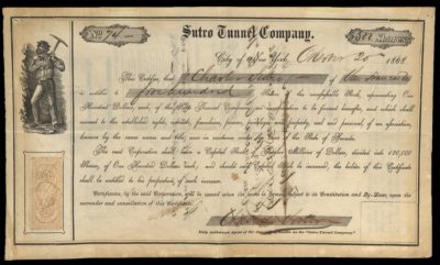 Certificate with black ink shows lettering, seals, signatures, and vignettes of a male miner and a tax stamp George Washington.