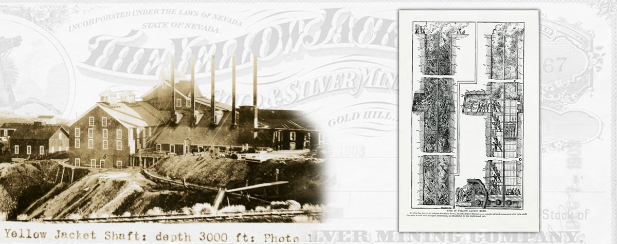 Mine building with smokestacks and an illustration of how the Sutro Tunnel could have saved miners from the mine disaster